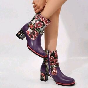 WomenFashion Western Style Printed Leather Patchwork Ankle Boots,Metal Buckle